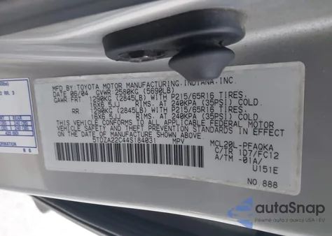 2004 Toyota Sienna Xle из США, поврежденный, VIN 5TDZA22C44S184031